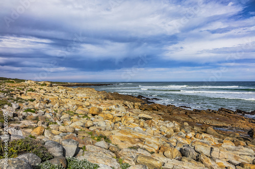 Picturesque view of the rocky shoreline of Atlantic Ocean and Platboom Beach. Platboom Bay is a beautiful beach along coastline nestled in Cape of Good Hope Nature reserve, Cape Town, South Africa.