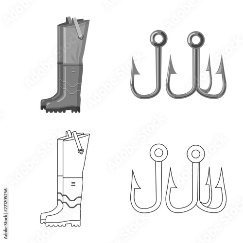 Vector illustration of fish and fishing icon. Set of fish and equipment vector icon for stock.