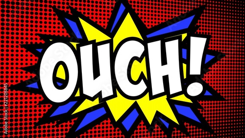 A comic strip cartoon with the word Ouch. Green and halftone background, star shape effect.
