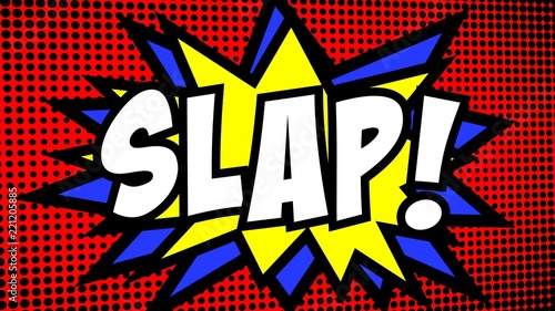 A comic strip cartoon with the word Slap. Green and halftone background, star shape effect.
