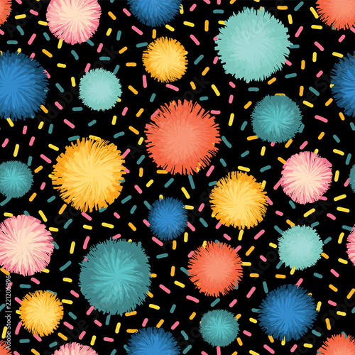 Decorative sprinkles and pom poms seamless repeat vector pattern. Teal, blue, yellow, and red party decor on black background. Great for birthday, card, invitation, packaging, paper, celebration, kids