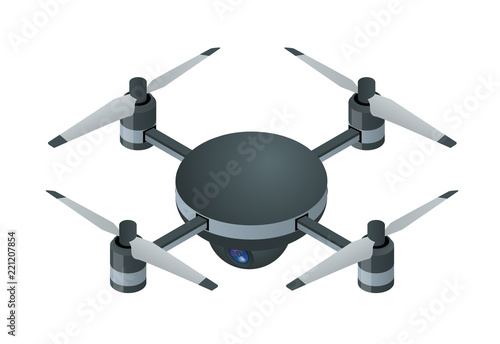 Isometric Electric wireless RC quadcopter drone with video and photo camera for aerial photography isolated on white background vector illustration