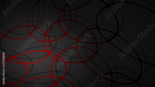 Abstract illustration of red connecting lines and dots with shadows on black background