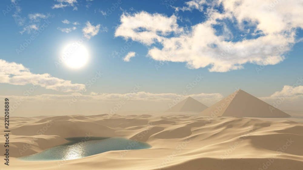 Sandy desert. Pyramids in the desert under the clouds.
3d rendering
Sandy desert. Pyramids in the desert under the clouds.
3d rendering