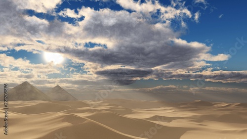 Sandy desert. Pyramids in the desert under the clouds. 3d rendering 