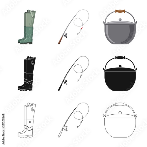 Vector illustration of fish and fishing symbol. Collection of fish and equipment stock vector illustration.