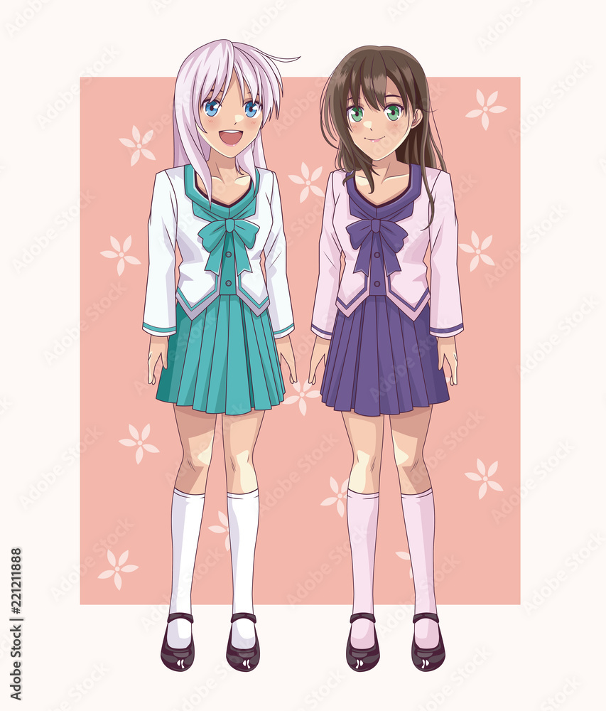 Couple of anime students womens over flowers pink frame vector illustration graphic design Couple of anime students womens over flowers pink frame vector illustration graphic design