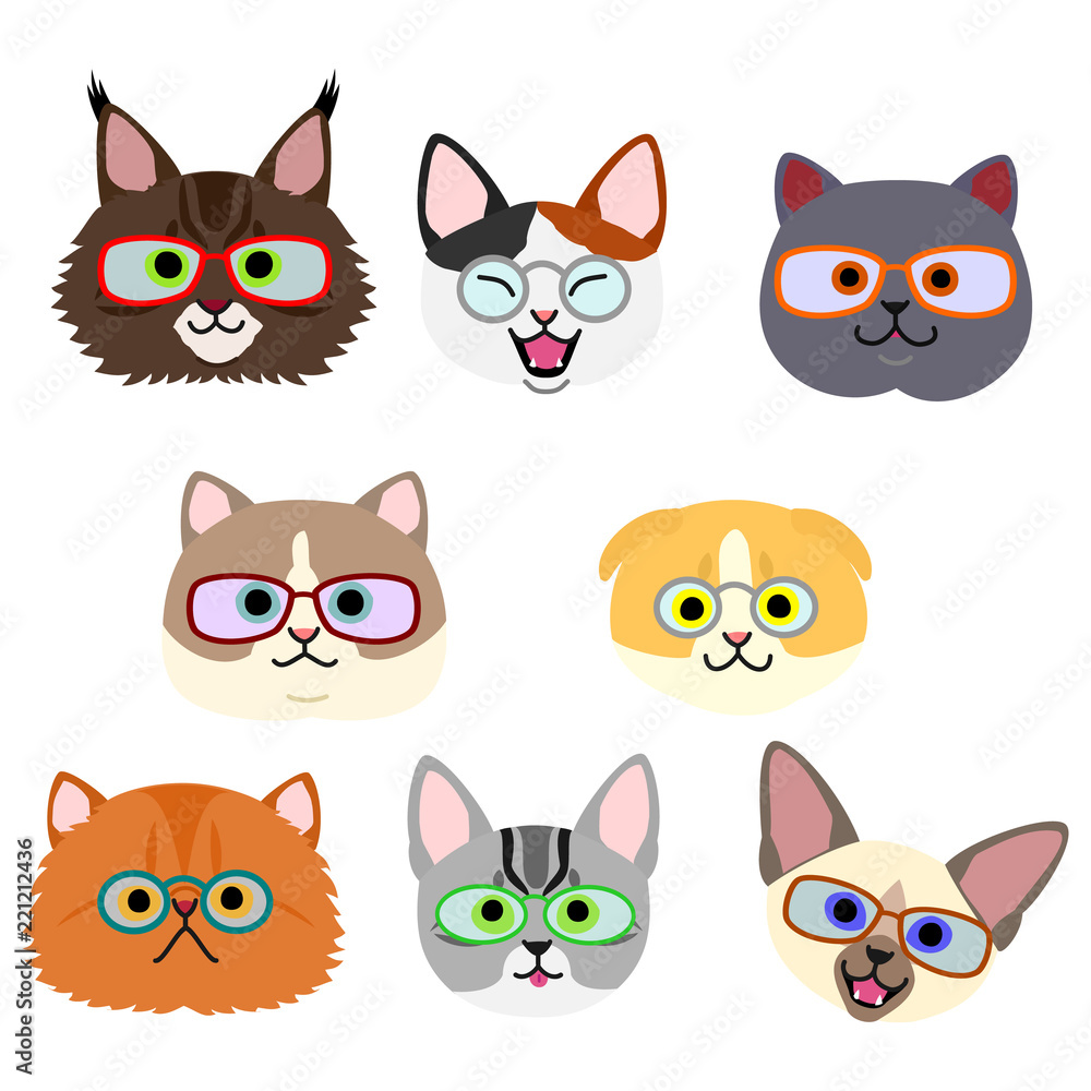 cute kitties face with eyeglasses set cute kitties face with eyeglasses set