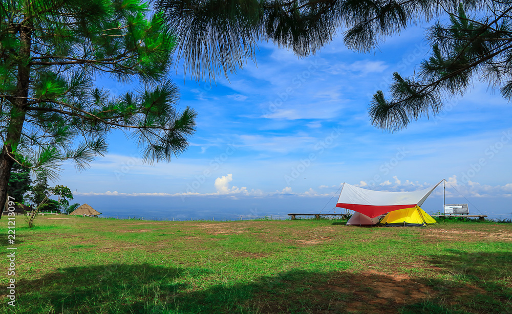 Φωτογραφία Landscape of View Point,Tent,Pine Tree on blue sky ,Watch the stars in Tat Mok National Park Phetchabun Thailand