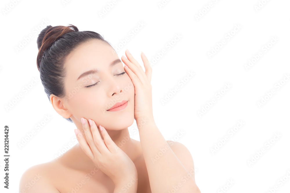 Portrait of beautiful woman asian makeup of cosmetic, girl hand touch cheek and smile attractive, face of beauty perfect with wellness isolated on white background with skin healthcare concept. Portrait of beautiful woman asian makeup of cosmetic, girl hand touch cheek and smile attractive, face of beauty perfect with wellness isolated on white background with skin healthcare concept.