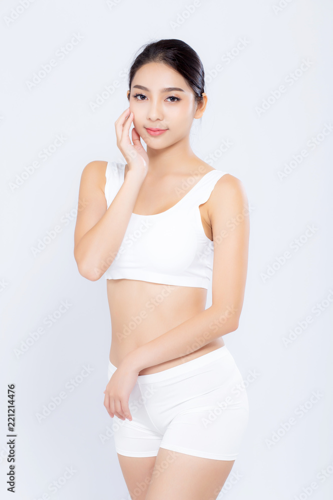 Portrait young asian woman smiling beautiful body diet with fit isolated on white background, model girl weight slim with cellulite or calories, health and wellness concept. Portrait young asian woman smiling beautiful body diet with fit isolated on white background, model girl weight slim with cellulite or calories, health and wellness concept.