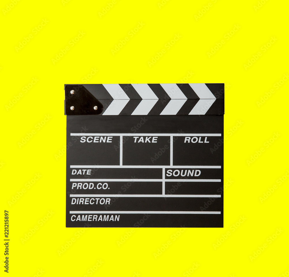 Movie clapper isolated on yellow background. clapper board film. slate cinema film with clipping path. cinema production. image for background, wallpaper, objects and copy space.