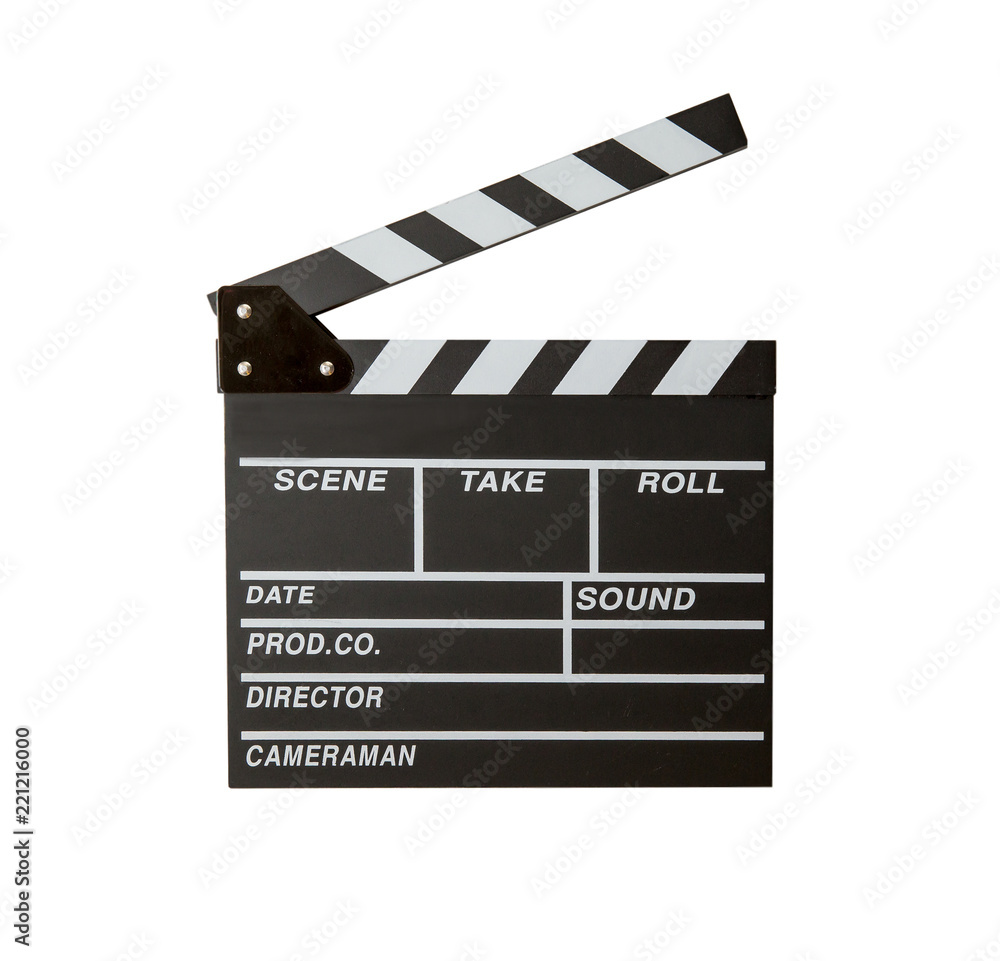 Movie clapper isolated on white background. Shown slate board. use the colors white and black. Realistic movie clapperboard. Clapper board isolated on white with clipping path included