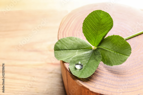 Green four-leaf clover on wooden background with space for text