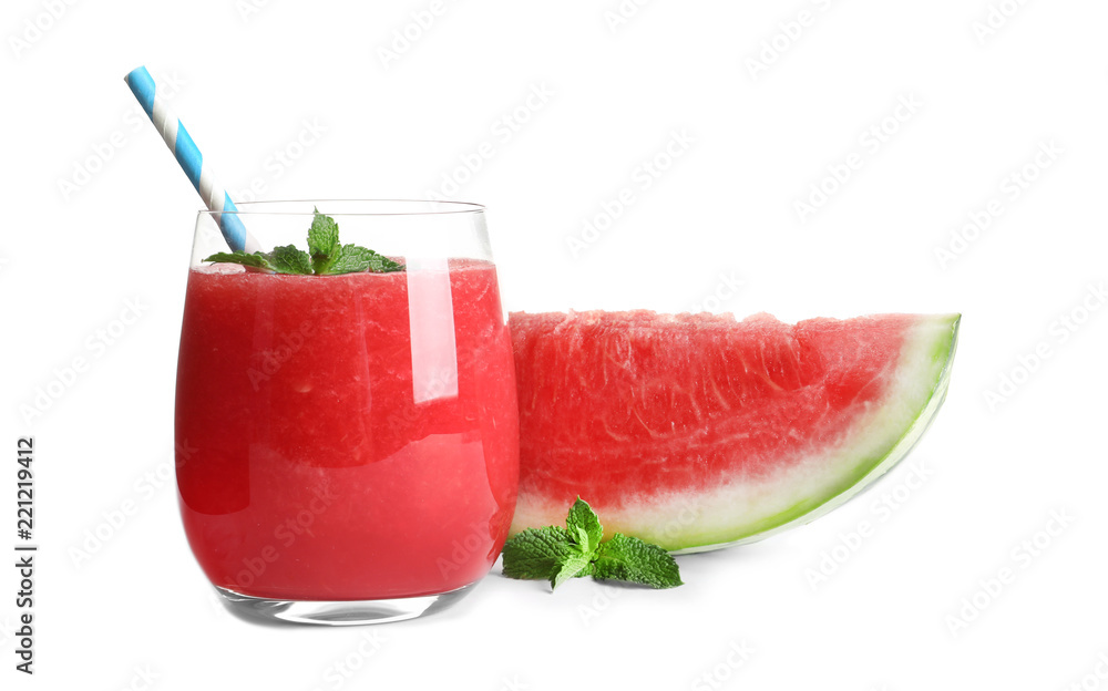 Tasty summer watermelon drink in glass and slice of fresh fruit on white background Tasty summer watermelon drink in glass and slice of fresh fruit on white background