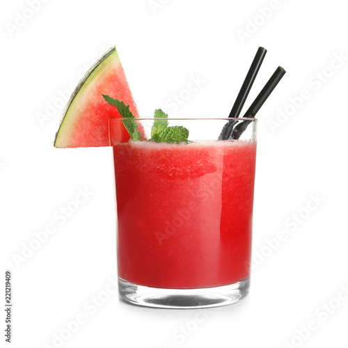 Tasty summer watermelon drink in glass on white background