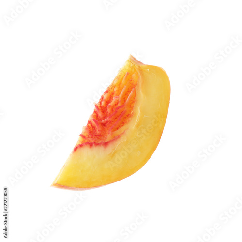 Slice of juicy peach on white background