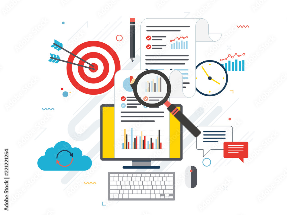 Fototapeta premium Flat design concepts for business marketing, analytics and strategy in vector design. Data analysis and finance, digital marketing and startup and new business. Vector icon set business.