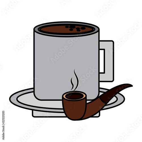 tobacco pipe and coffee cup in plate