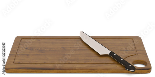 Chopping board and kitchen knife isolated on white background 3D illustration.