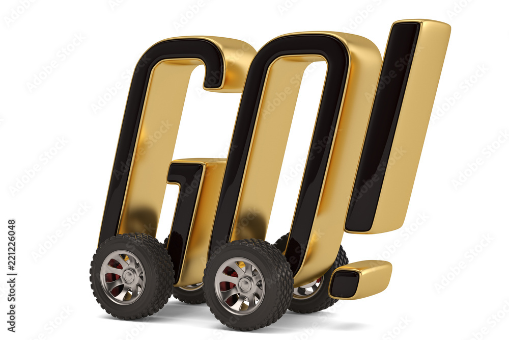 Creative concept go words with wheels isolated on white background 3D illustration. Creative concept go words with wheels isolated on white background 3D illustration.