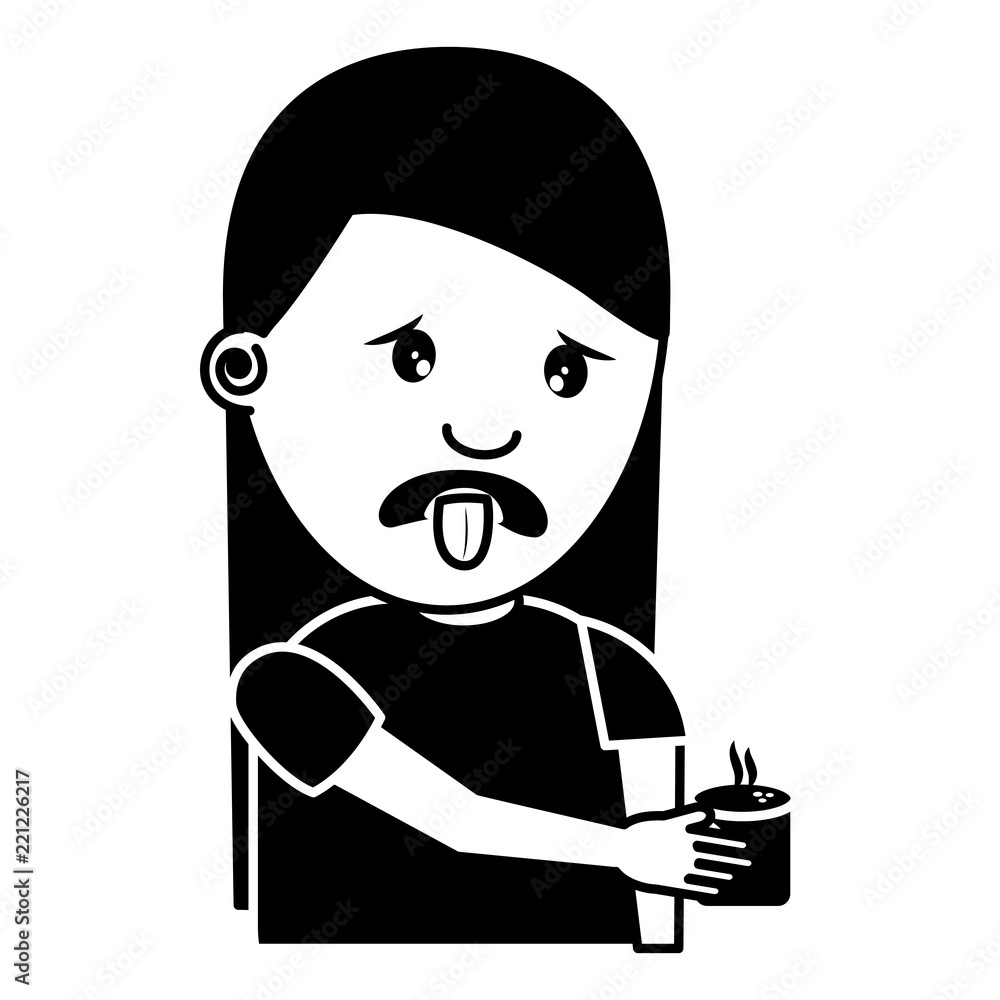 portrait young woman holding in hand beverage unpleasant portrait young woman holding in hand beverage unpleasant