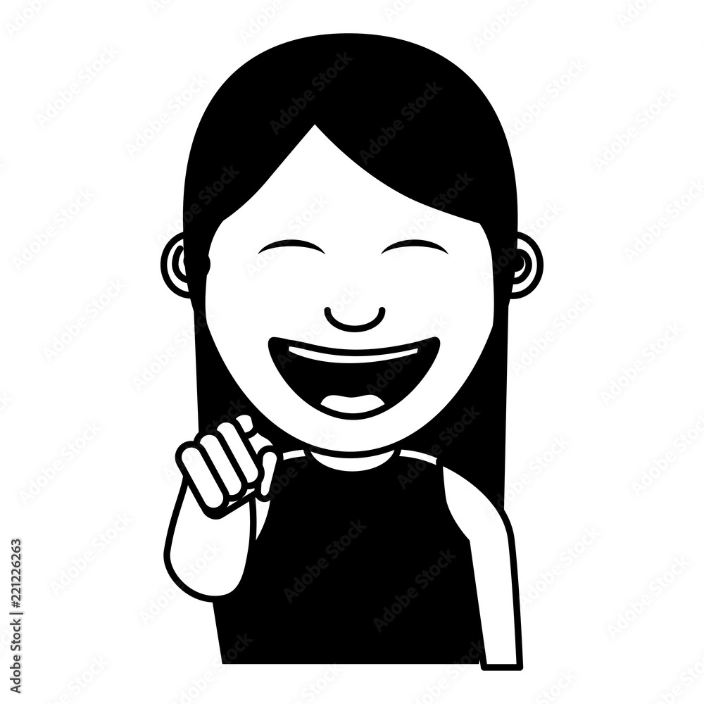 portrait cartoon smiling woman pointing gesture
