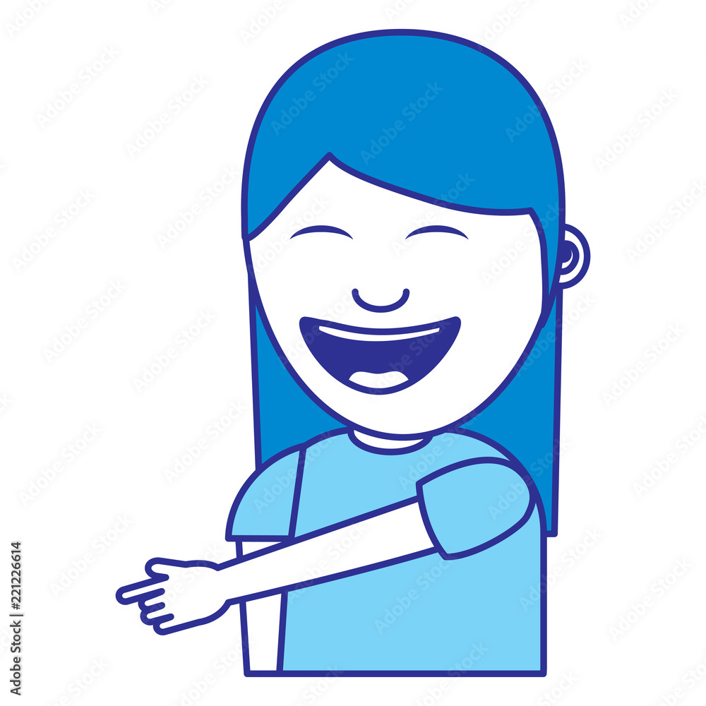 portrait laughing young woman pointing with finger something portrait laughing young woman pointing with finger something