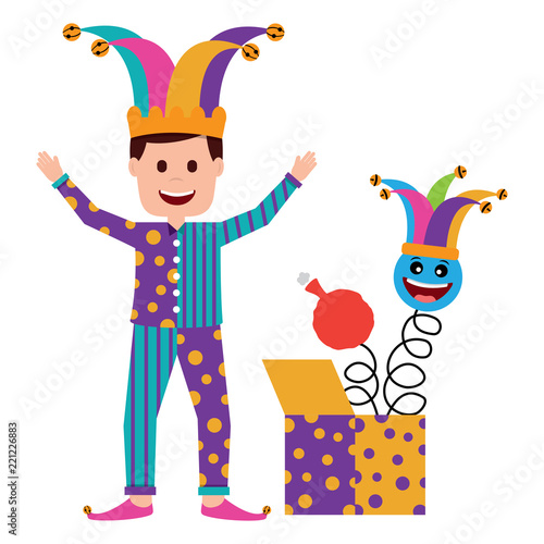 clown man standing with surprise box and emoticon cushion