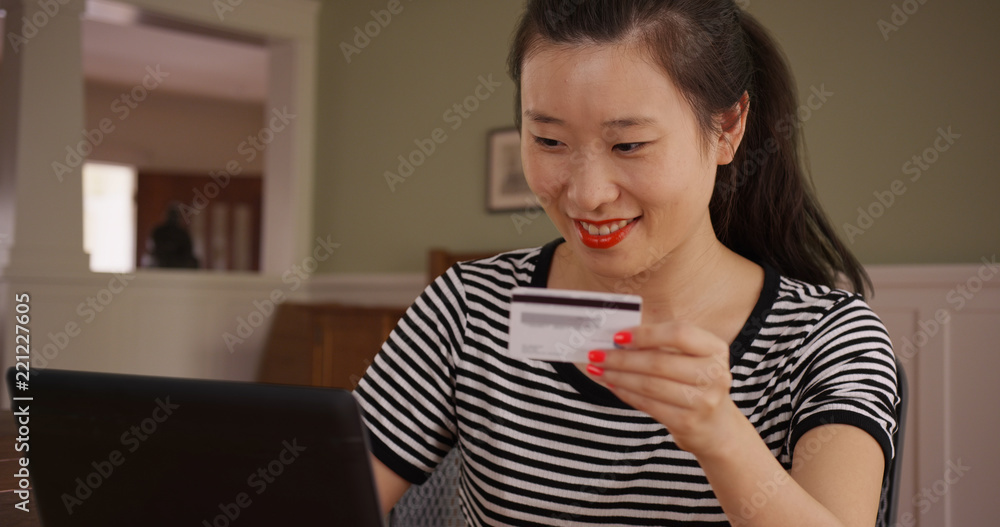 Close view of millennial female shopper making online purchase with laptop pc Close view of millennial female shopper making online purchase with laptop pc