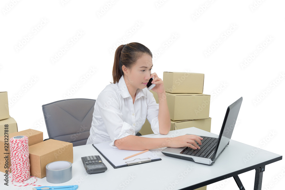 teenager owner business woman work at home with smartphone, laptop for online shopping writing the order teenager owner business woman work at home with smartphone, laptop for online shopping writing the order