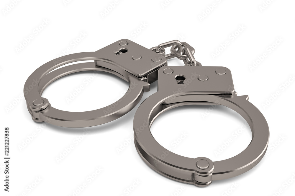 A chrome handcuffs isolated on white background 3D illustration. A chrome handcuffs isolated on white background 3D illustration.