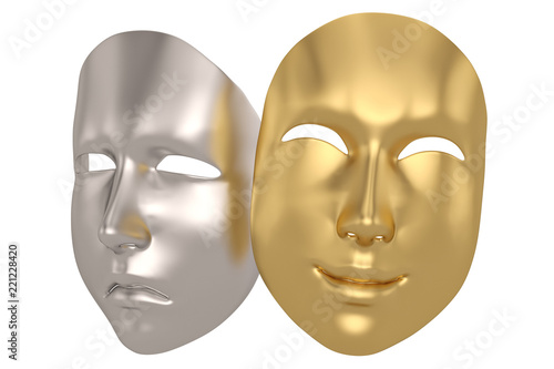 Happy and sad mask isolated on white background 3D illustration.