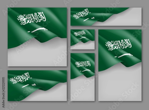 Kingdom of Saudi Arabia patriotic festive banners set. Realistic waving arabian flag on grey background. Independence and freedom vector layouts. Saudi Arabia national day concept with space for text