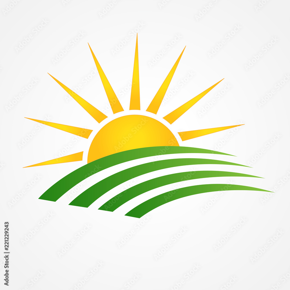 Logo sun with green agriculture cultives swooshes line art id business brand icon Logo sun with green agriculture cultives swooshes line art id business brand icon