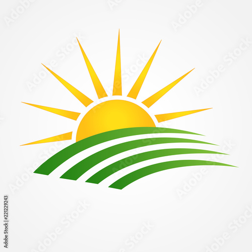 Logo sun with green agriculture cultives swooshes line art id business brand icon photo
