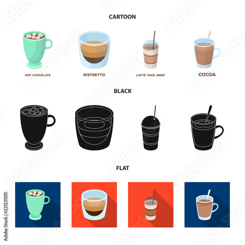 Ristretto, hot chocolate, latte take-away.Different types of coffee set collection icons in cartoon,black,flat style vector symbol stock illustration web.