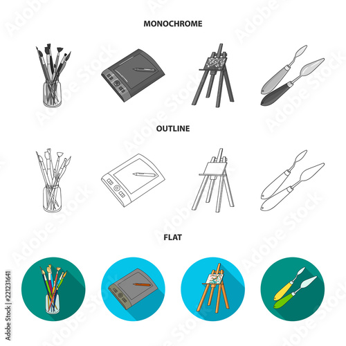 Bank with brushes, a drawing board, an easel with a canvas, paint knives.Artist and drawing set collection icons in flat,outline,monochrome style vector symbol stock illustration web.