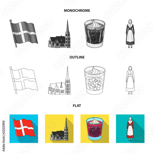 Flag, national, symbol, and other web icon in flat,outline,monochrome style.Denmark,history, tourism, icons in set collection.