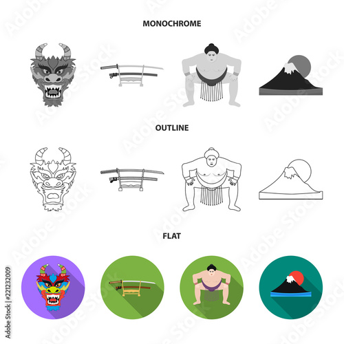 Dragon mask, katano, a man is a sumo player, a fujiama mountain.Japan set collection icons in flat,outline,monochrome style vector symbol stock illustration web. photo