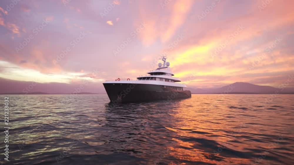 Big, luxury yacht sailing in the open sea during beautiful pink sunset. 4K HD Big, luxury yacht sailing in the open sea during beautiful pink sunset. 4K HD