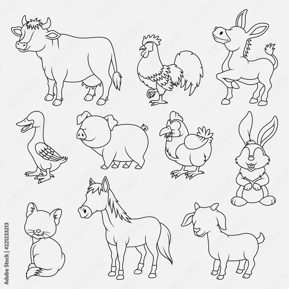 Cartoon farm animals thin lines collection isolated on white background