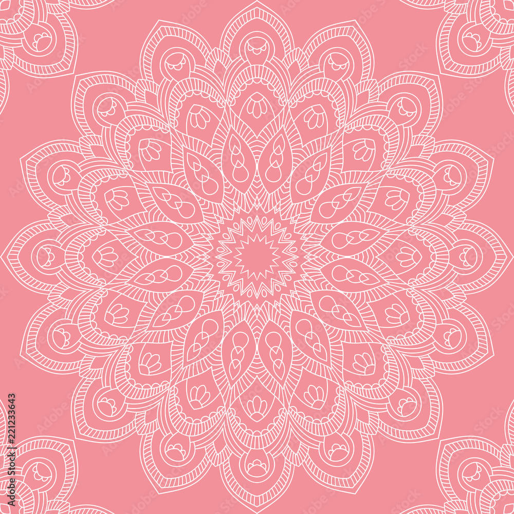 Seamless pattern with mandala ornament. Hand drawn vector illustration
