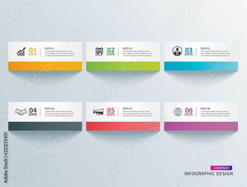 Infographics tab in horizontal paper index with 6 data template. Vector illustration abstract background. Can be used for workflow layout, business step, banner, web design.