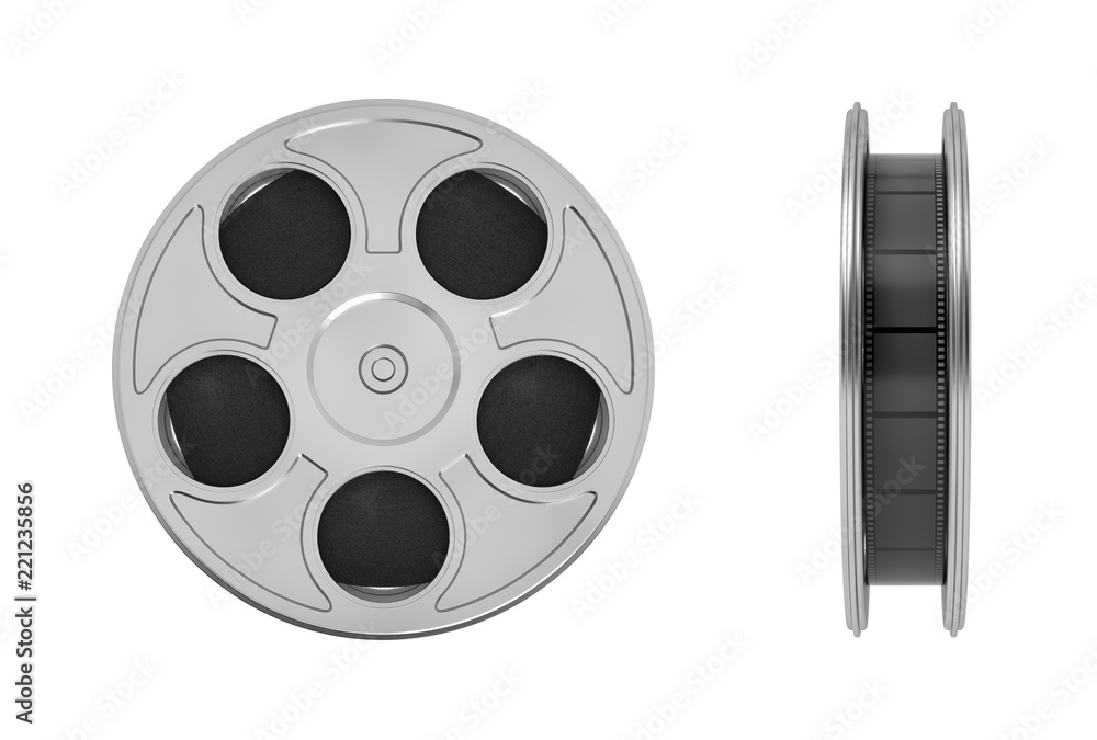 3d rendering of movie reel with a lot of film taped tightly inside of it in a front and side view on a white background.