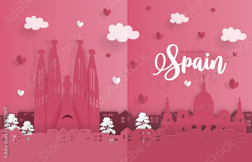 Travel postcard and poster of Spain in paper origami style. Love and honeymoon trip concept. Vector illustration.