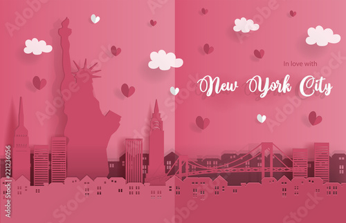 Travel postcard and poster of New York City in paper origami style. Love and honeymoon trip concept. Vector illustration.