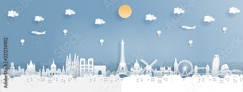 Top world famous landmark for travel poster and postcard, France,England,Spain,Italy in paper origami style vector illustration.