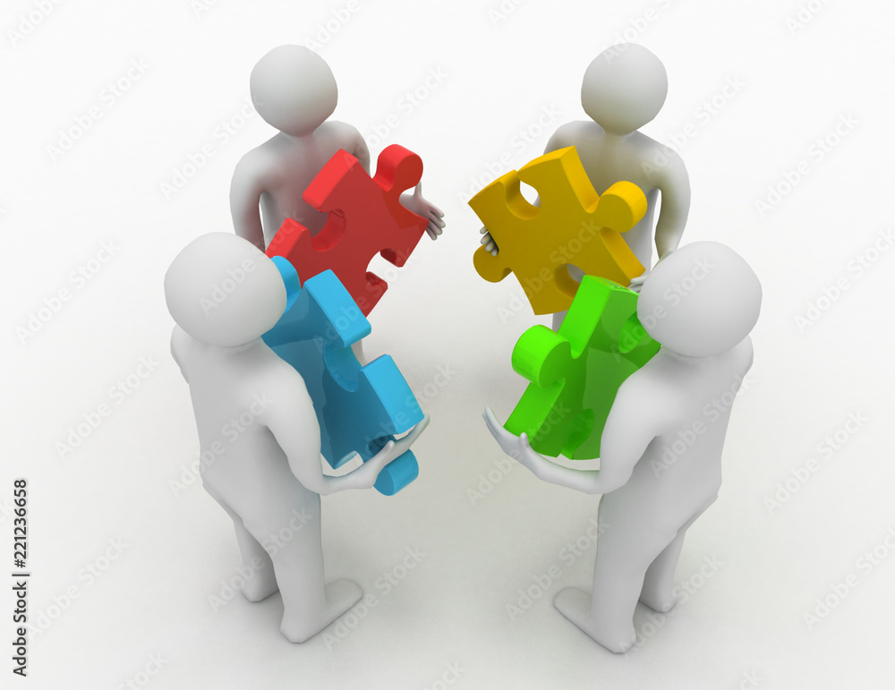 teamwork concept, four persons with different puzzles teamwork concept, four persons with different puzzles
