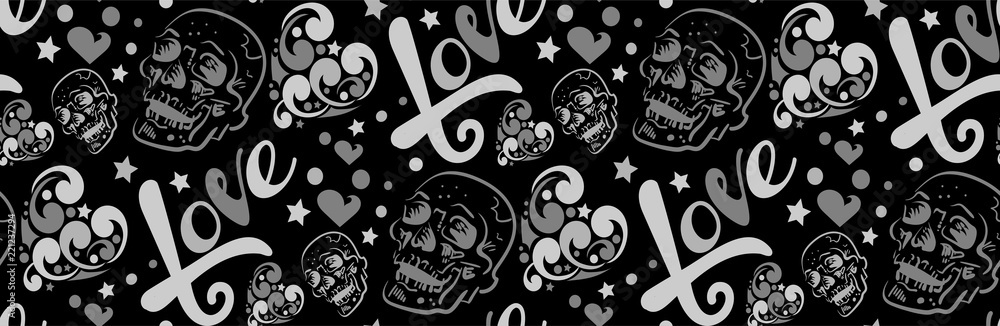 Fototapeta premium seamless patterns with skulls and calligraphic text - love